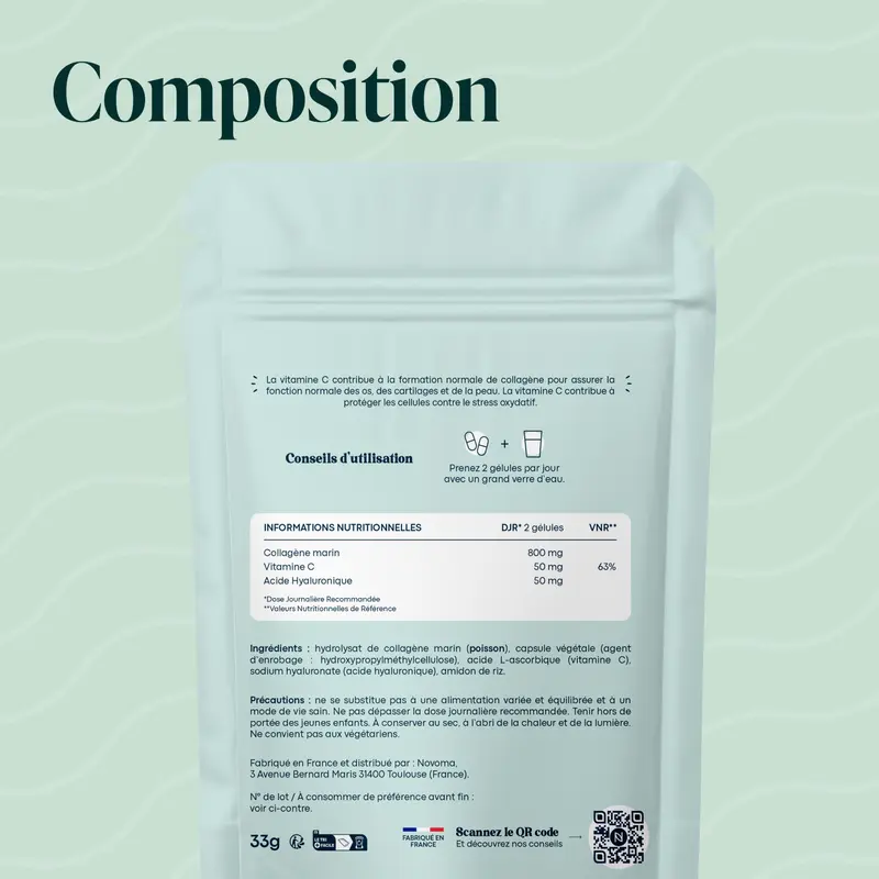 Collagène Marin avec Acide Hyaluronique - Hydratation de la Peau et Confort Articulaire - Cure de 1 mois - Essentials by Novoma