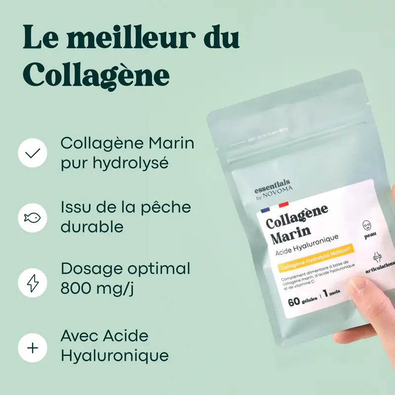 Collagène Marin avec Acide Hyaluronique - Hydratation de la Peau et Confort Articulaire - Cure de 1 mois - Essentials by Novoma