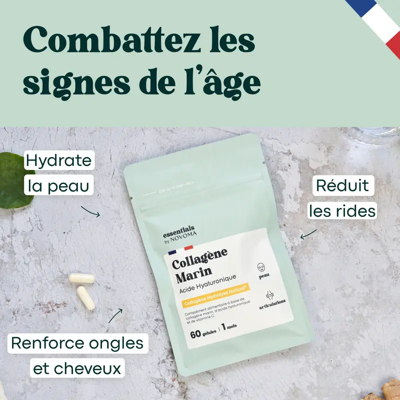 Collagène Marin avec Acide Hyaluronique - Hydratation de la Peau et Confort Articulaire - Cure de 1 mois - Essentials by Novoma
