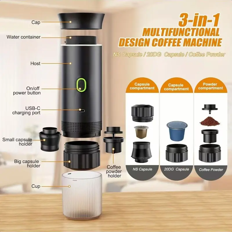 Machine à expresso portable - Mini machine à café 3-en-1 rechargeable pour voiture, bureau ou voyage
